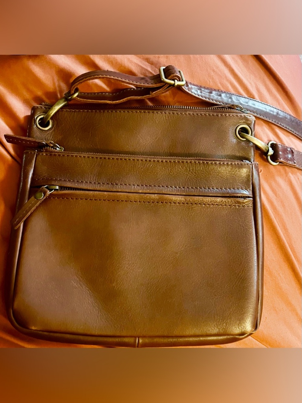Fat Face Tan Leather Crossbody Bag with Brass Hardware UK